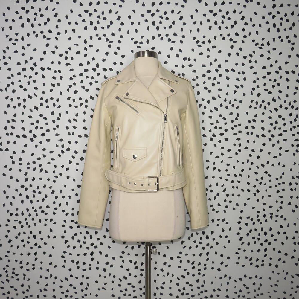 Zara Cream Faux Leather Belted Moto Jacket - Picture 2 of 11